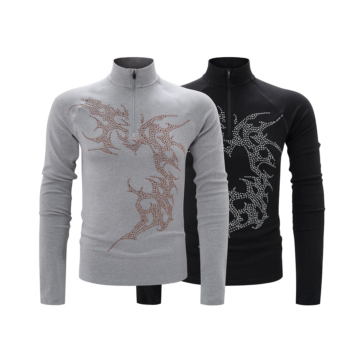 Rhinestone Dragon Mock Neck Quarter-Zip Long Sleeve Shirt