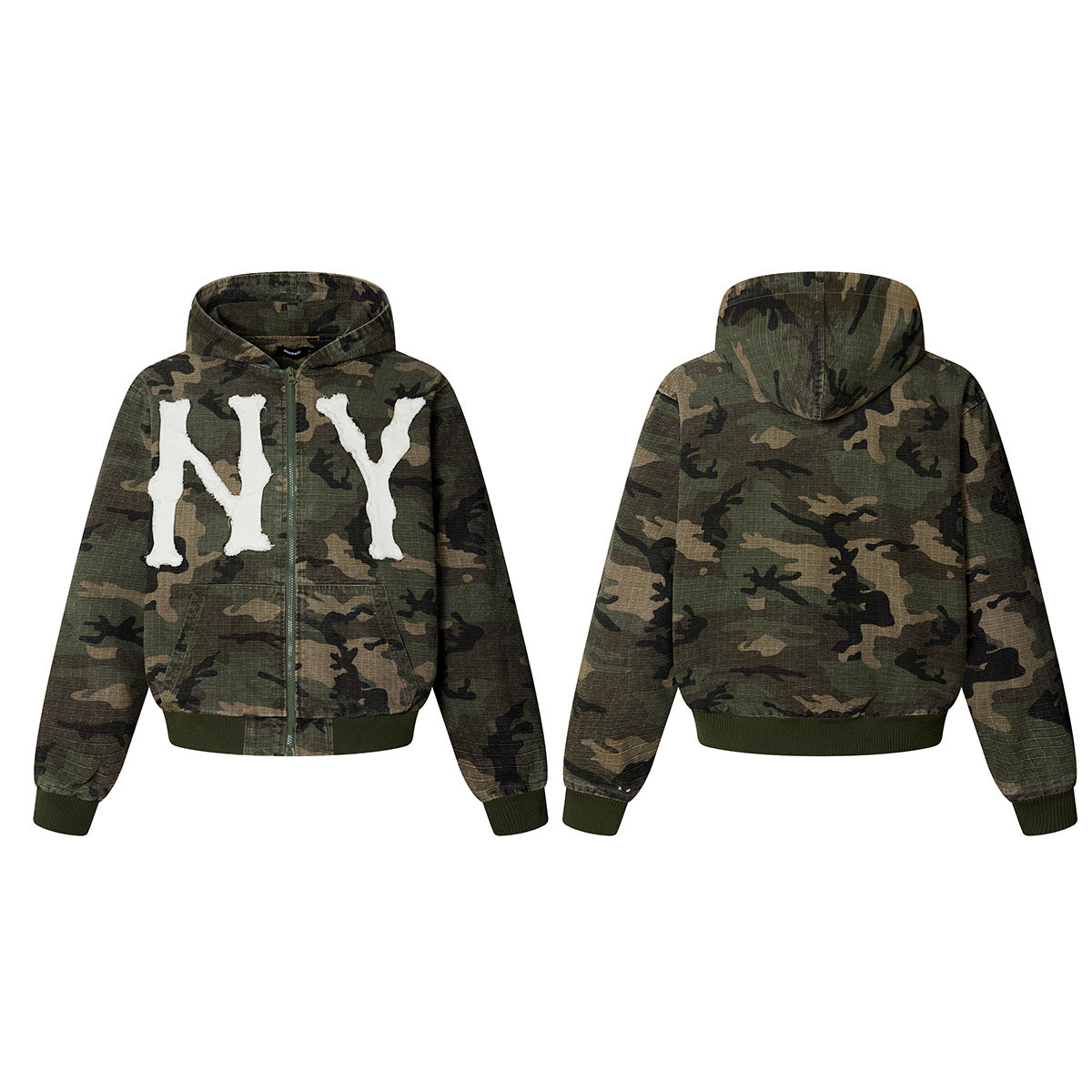Woodland camouflage zip-up hoodie jacket with white chenille NY patch letters on the chest, front and back view
