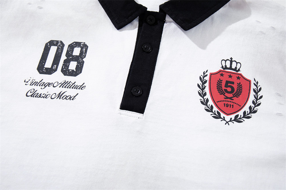 Men's Faux Two-Piece Polo Shirt with Striped Long Sleeves and Distressed Print