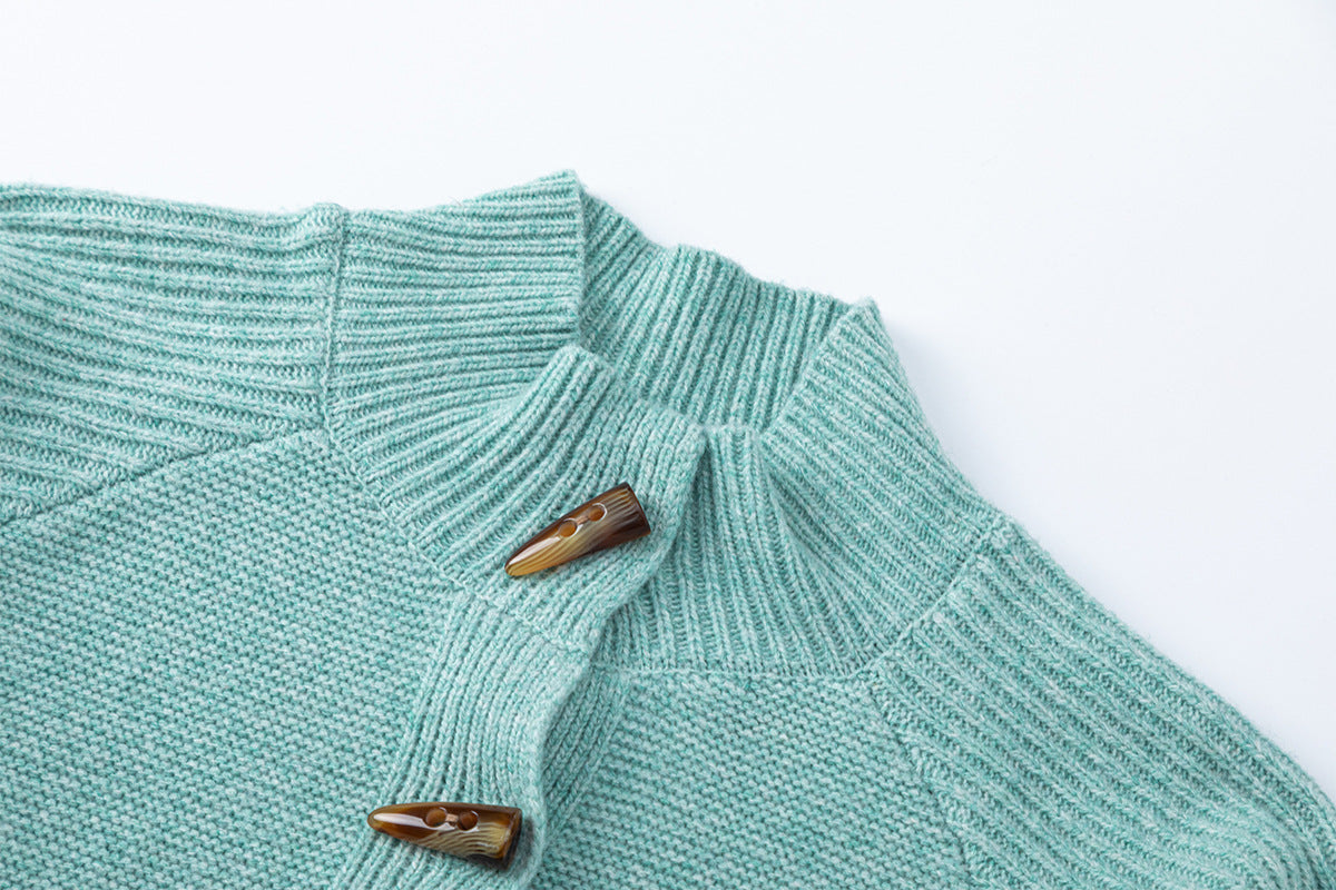 Mock Neck Knit Cardigan Sweater with Toggle Buttons
