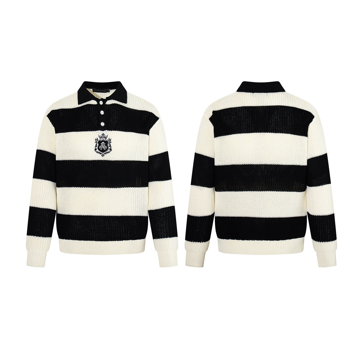 Black and White Striped Sweater – Polo Collar Knit Rugby Pullover