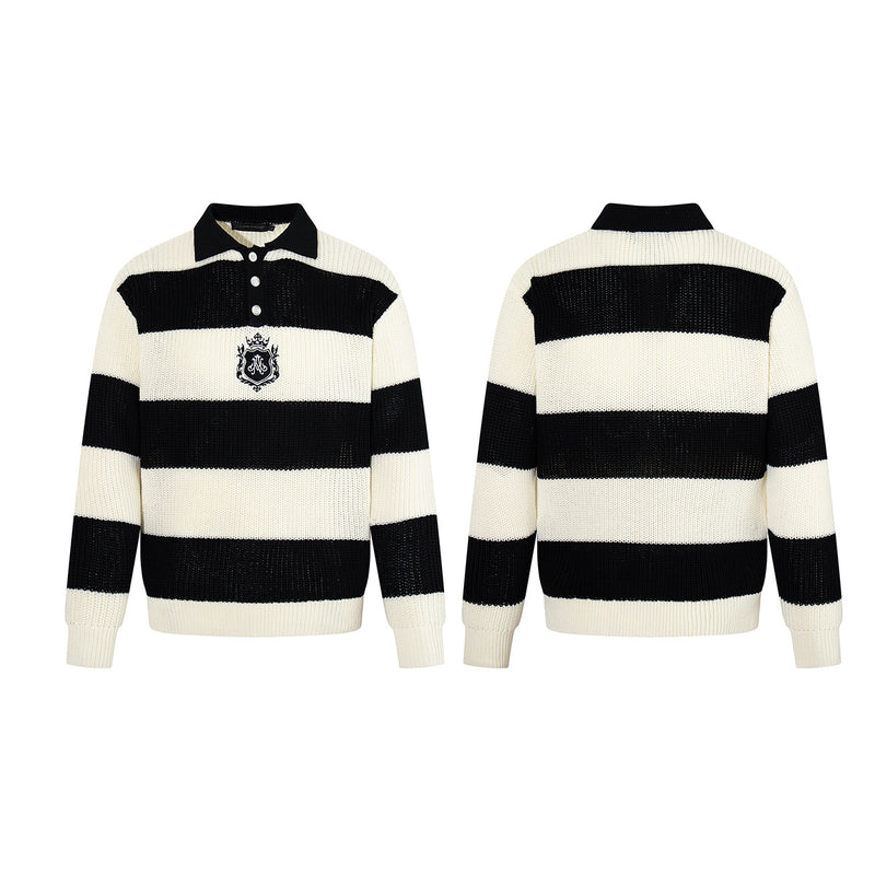 Black and White Striped Sweater – Polo Collar Knit Rugby Pullover