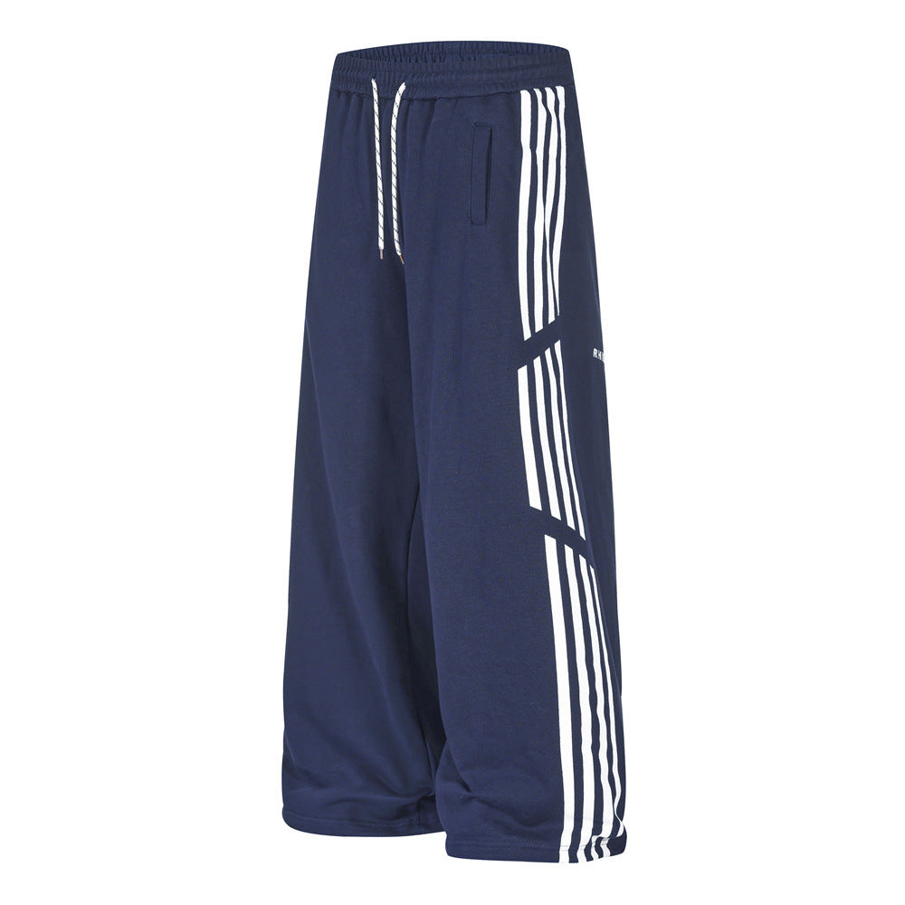Wide-Leg Track Pants – Navy Blue with Contrast Side Stripes
