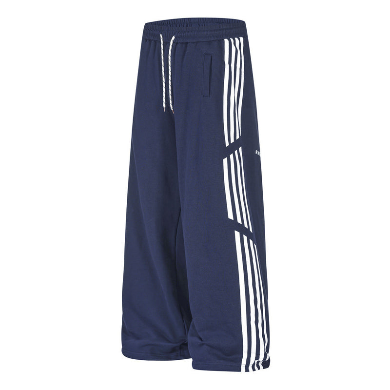 Wide-Leg Track Pants – Navy Blue with Contrast Side Stripes