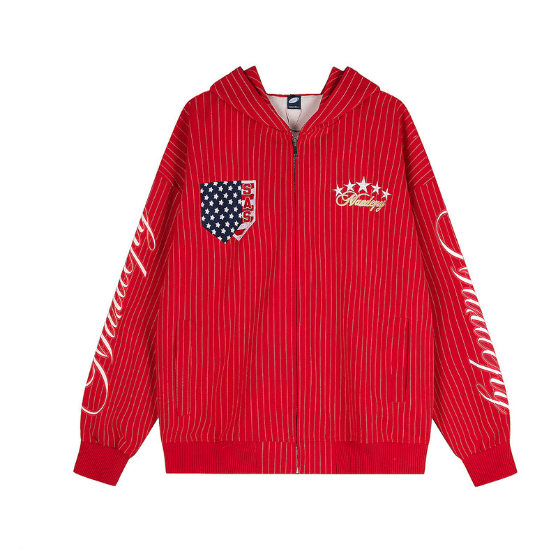 Pinstripe Zip-Up Hoodie with American Flag Embroidery & Script Sleeve Print
