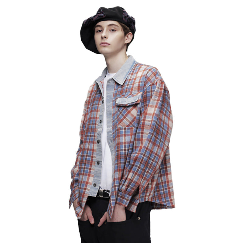 Men's oversized red and blue plaid shirt with denim-splice faux two-piece collar and button-down front