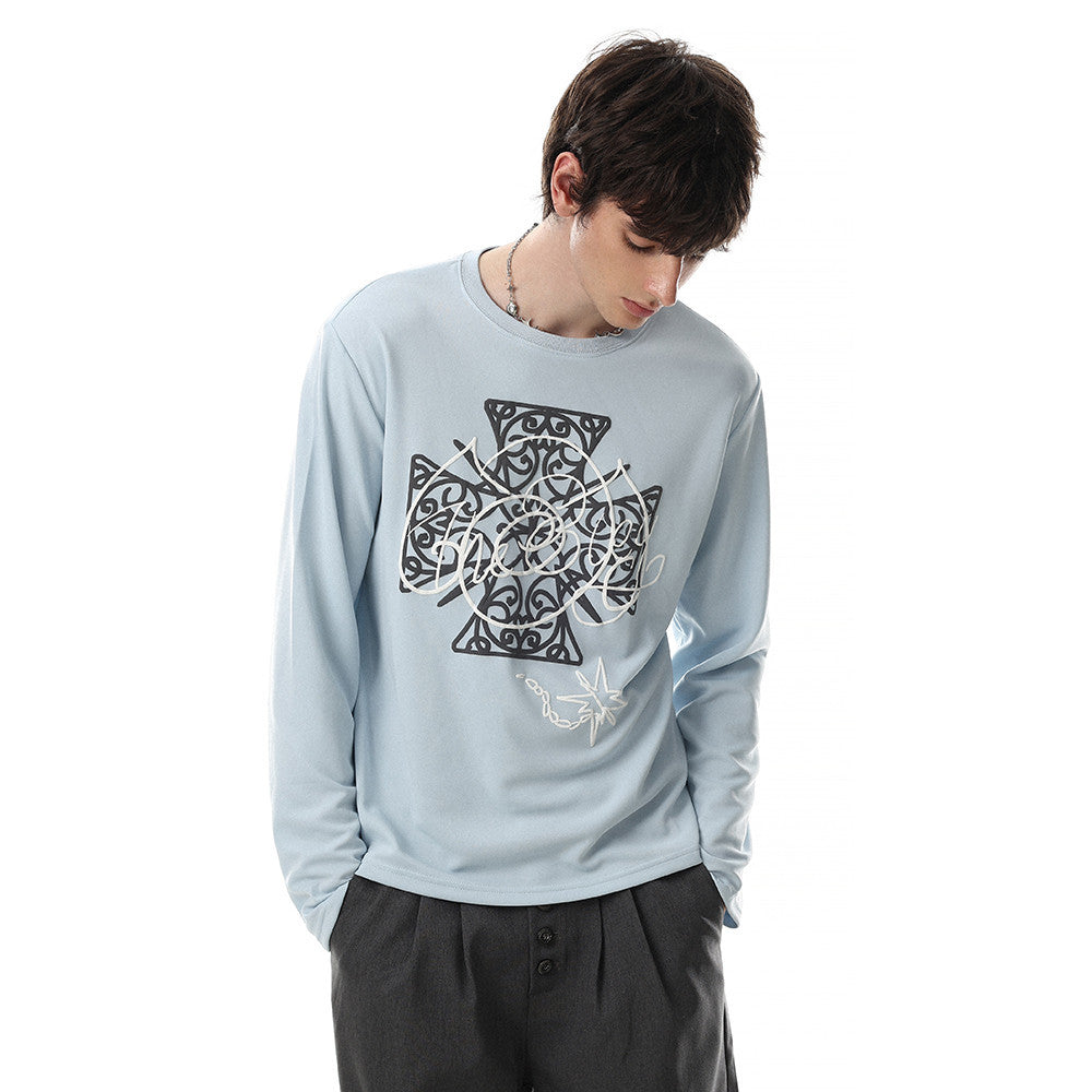 Men's long sleeve crew neck tee shirt with Celtic cross tribal graphic print in light blue