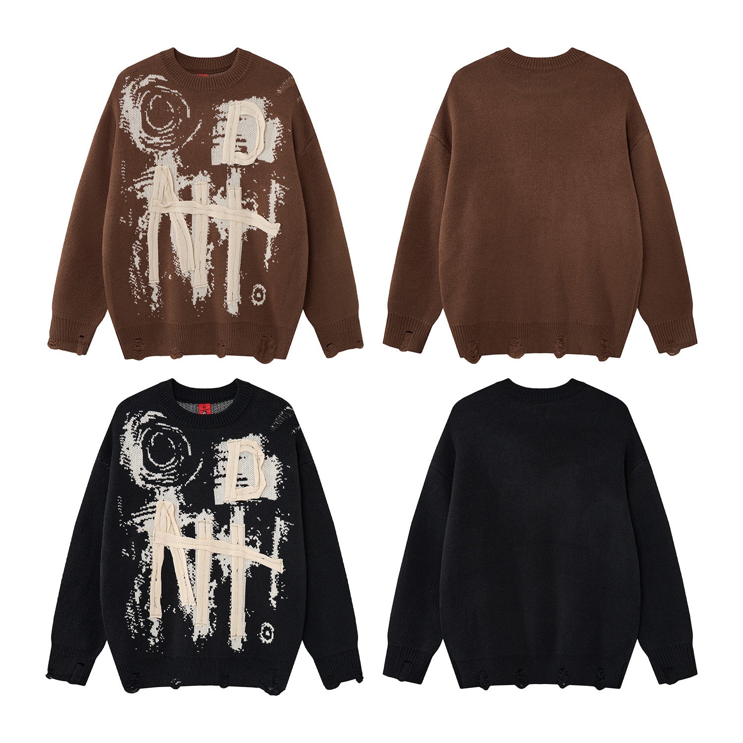Pull en maille graphique effet usé – Col rond streetwear américain avec appliqué