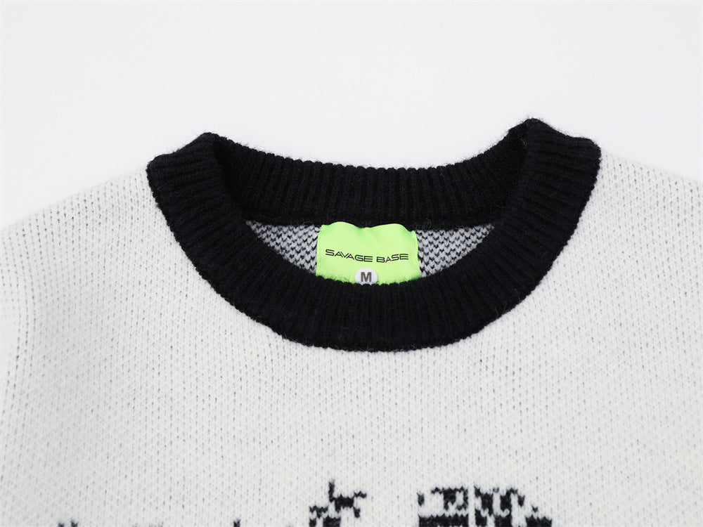 Men's Crew Neck Jacquard Knit Sweater – Pixelated Portrait Graphic, Contrast