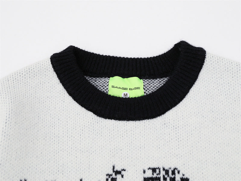 Men's Crew Neck Jacquard Knit Sweater – Pixelated Portrait Graphic, Contrast