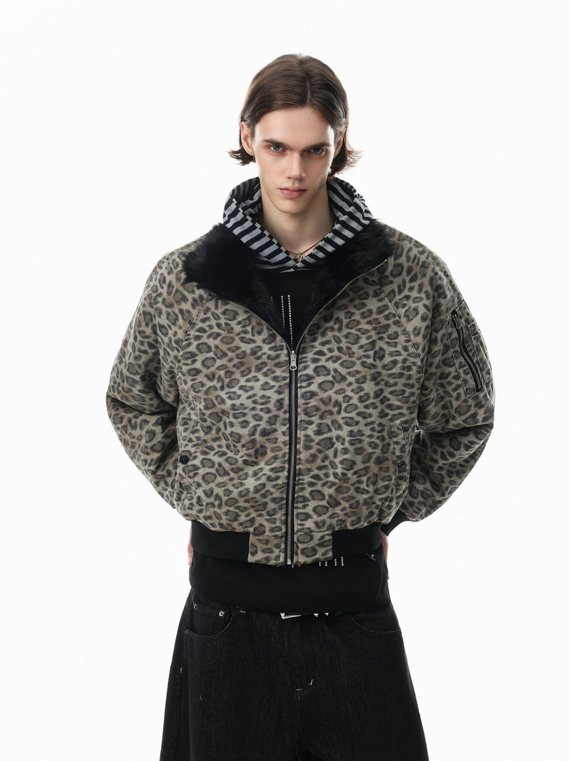 Reversible Faux Fur & Leopard Print Bomber Jacket – Oversized Retro American
