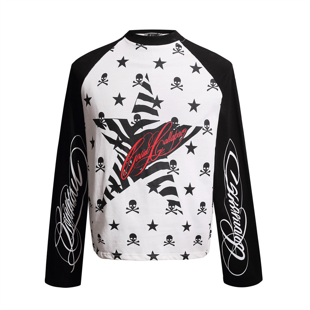 Skull & Star Print Raglan Long Sleeve Graphic Tee – Hip-Hop Color Block