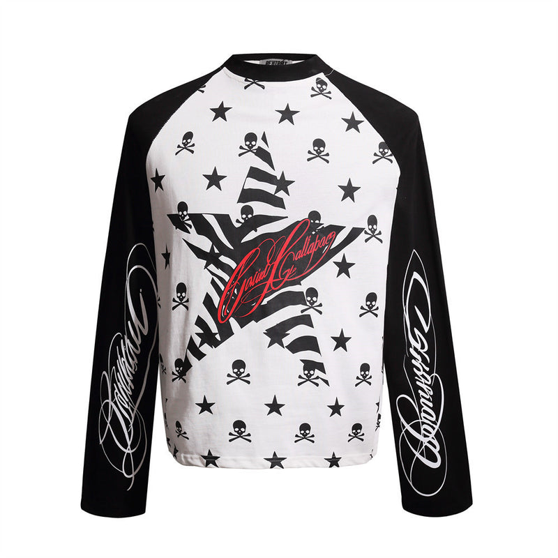 Skull & Star Print Raglan Long Sleeve Graphic Tee – Hip-Hop Color Block