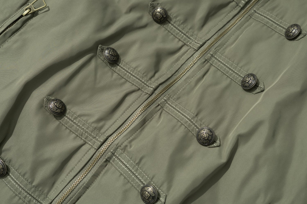 Military Bomber Jacket with Leopard Faux Fur Collar & Double-Breasted Button