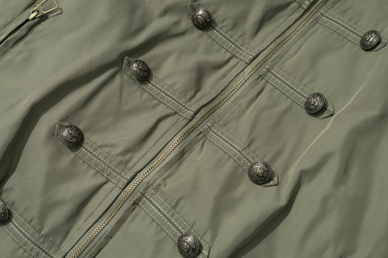 Military Bomber Jacket with Leopard Faux Fur Collar & Double-Breasted Button