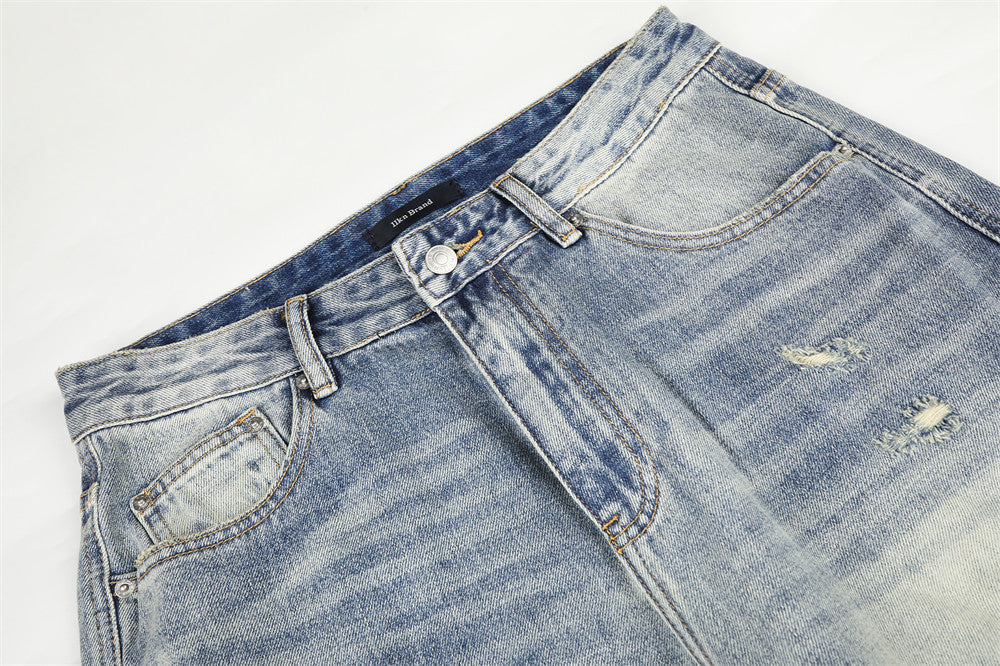 Wide-Leg Distressed Jeans – Men's Light Wash Ripped Straight-Fit Denim