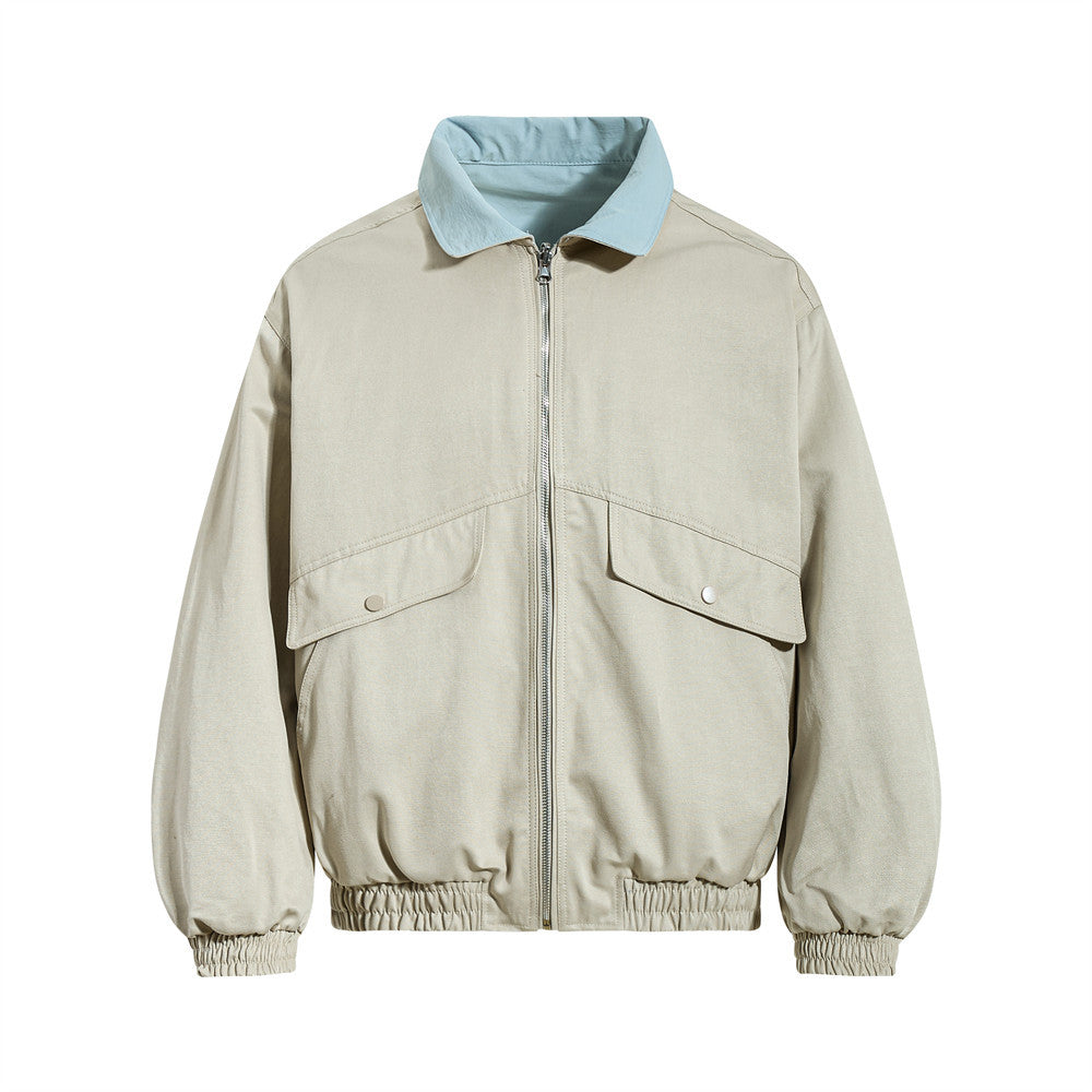 Reversible oversized bomber jacket with contrast collar in khaki and olive colorways, shown front view with snap chest pocket
