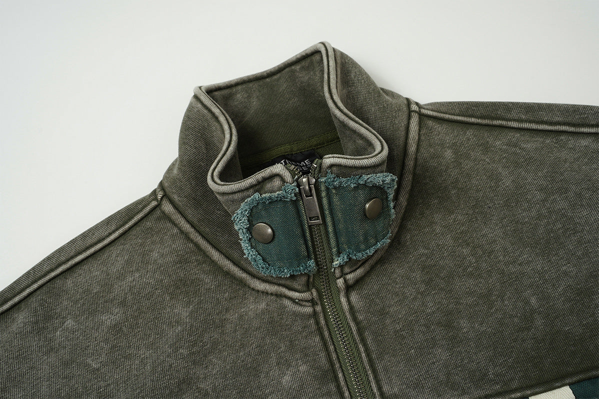 Vintage Washed Fleece-Lined Bomber Jacket – Boxy Fit Men's Zip-Up Outerwear