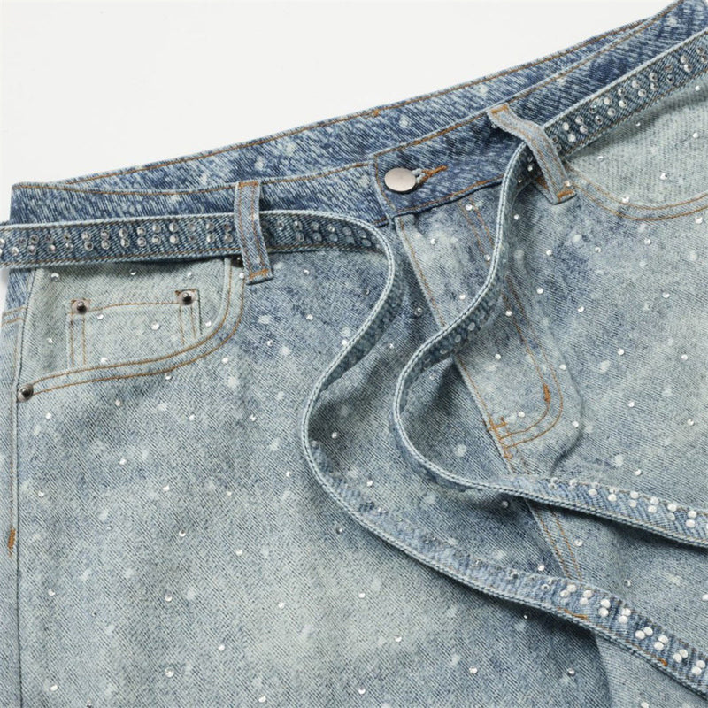 Y2K Baggy Jeans Mens Wide-Leg Rhinestone Embellished Denim Pants
