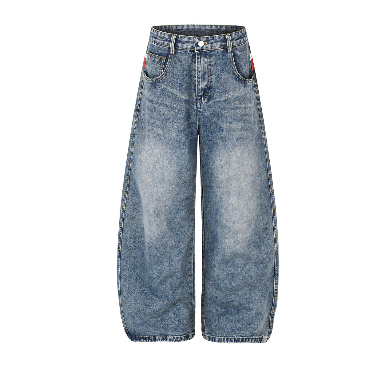 Jean baggy à jambes larges, délavage clair, avec imprimé Union Jack sur la ceinture arrière, vues de face et de dos