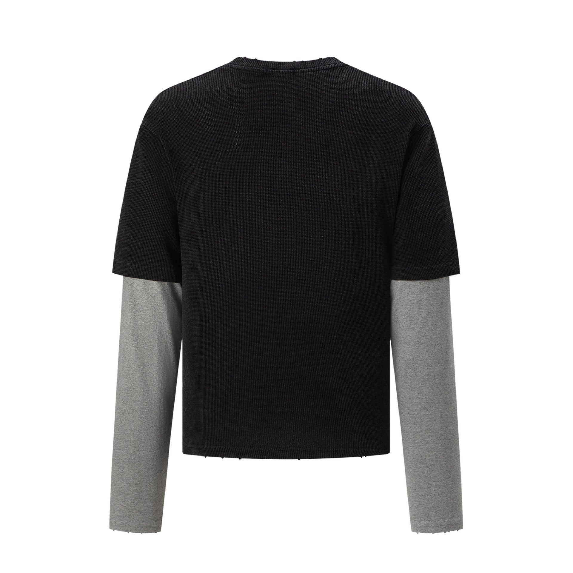 Faux Two-Piece Long Sleeve Graphic Tee – Waffle Knit Face Print Crew Neck Shirt