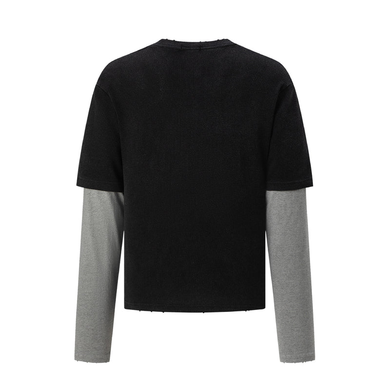 Faux Two-Piece Long Sleeve Graphic Tee – Waffle Knit Face Print Crew Neck Shirt
