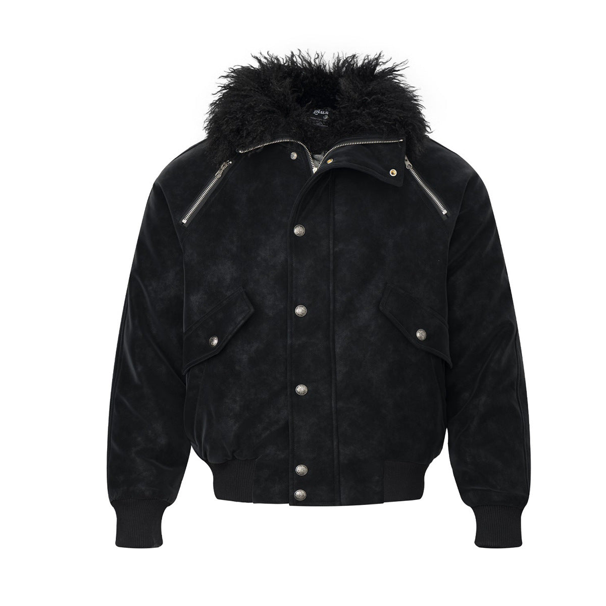 Black oversized bomber jacket with faux Mongolian fur collar, suede-texture shell, diagonal chest zippers, and silver snap bu
