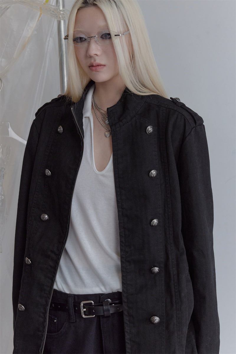 Black Double-Breasted Military Jacket – Stand Collar Structured Workwear Coat