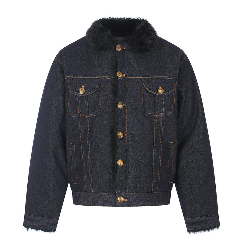 Dark Indigo Denim Jacket Men – Faux Fur Collar Sherpa-Lined Winter Trucker Coat