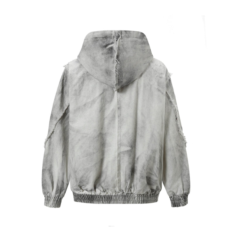 Oversized Hooded Puffer Jacket – Distressed Raw-Edge Washed Streetwear Cotton