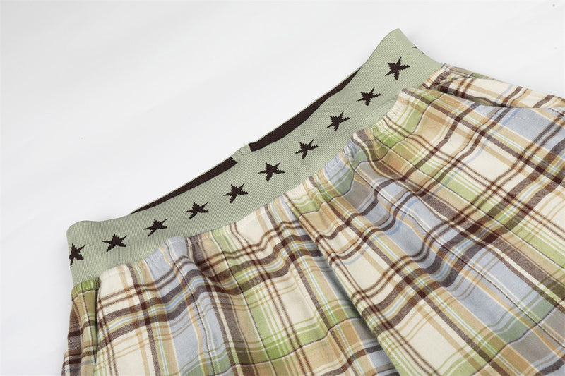 Plaid Wide-Leg Parachute Pants with Elastic Star Waistband & Drawstring Hem
