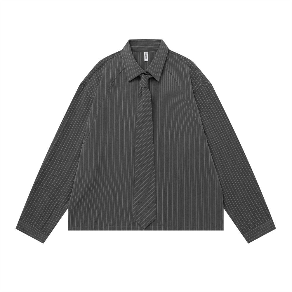 Oversized charcoal grey pinstripe long-sleeve shirt with matching knotted tie, front view