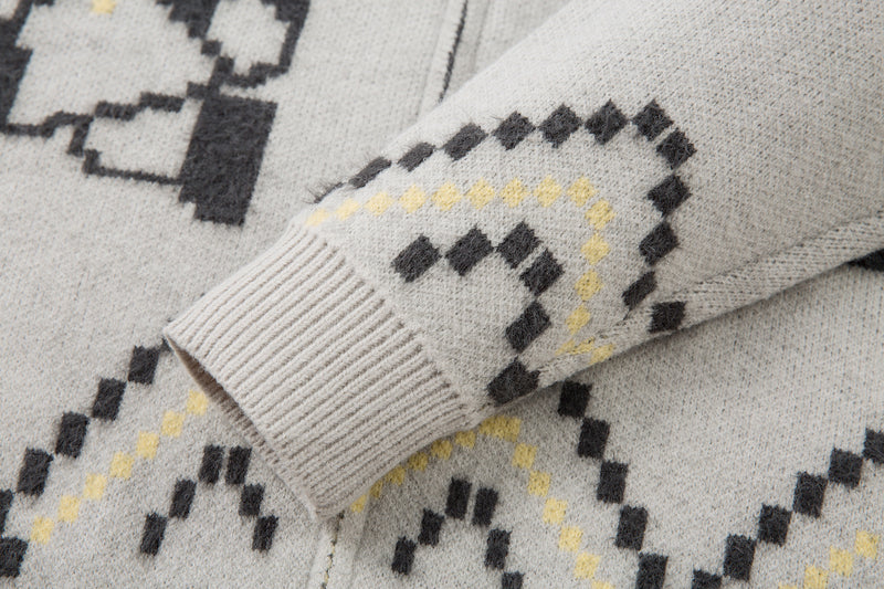 Pixel Art Zip-Up Knit Cardigan Sweater – Retro American Vintage Jacquard
