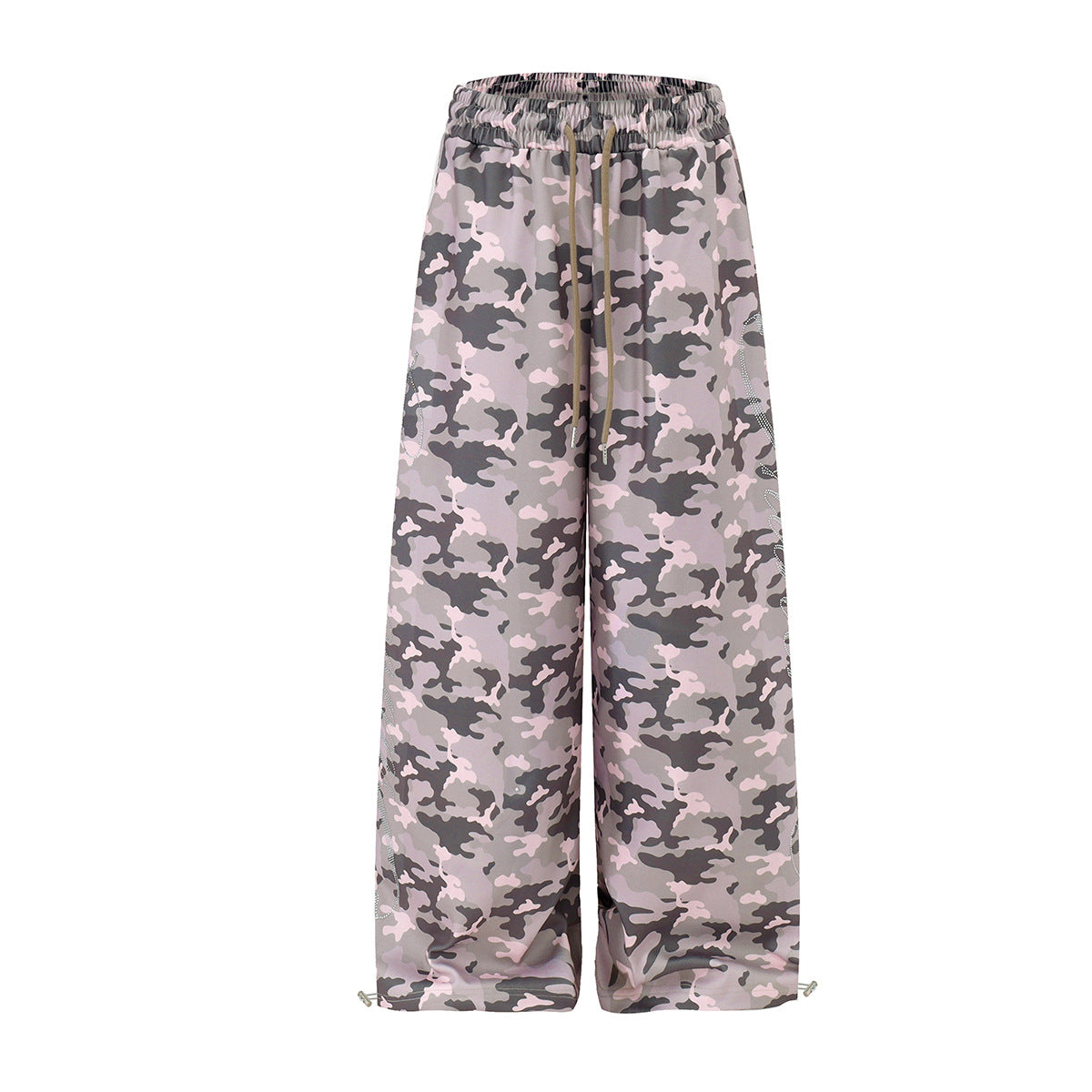 Sweatpants mit weitem Bein in rosa-grauem Camouflage, Strassdetail an der Seitennaht und Tunnelzugbund, Vorderansicht