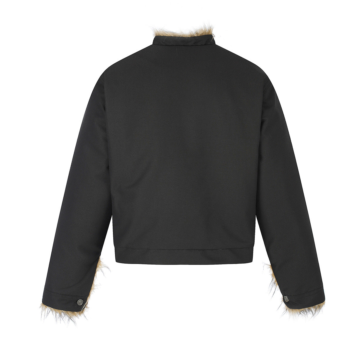 Faux Fur Trim Padded Jacket with Stand Collar & Button Front