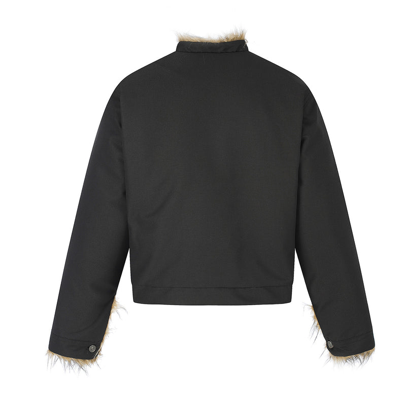 Faux Fur Trim Padded Jacket with Stand Collar & Button Front
