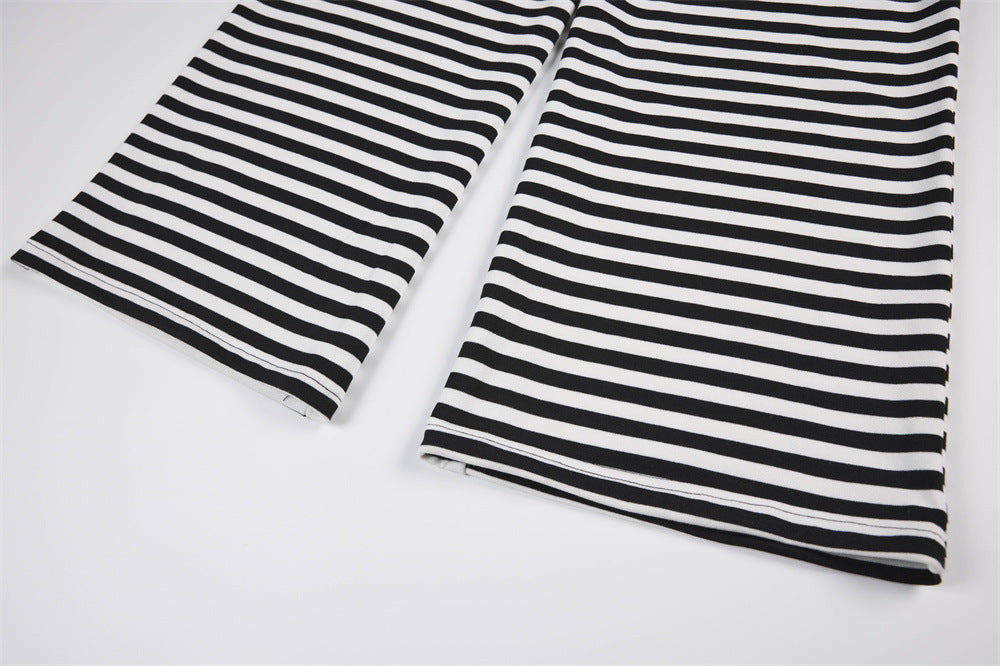 Black & White Striped Wide-Leg Pants with Drawstring Waist