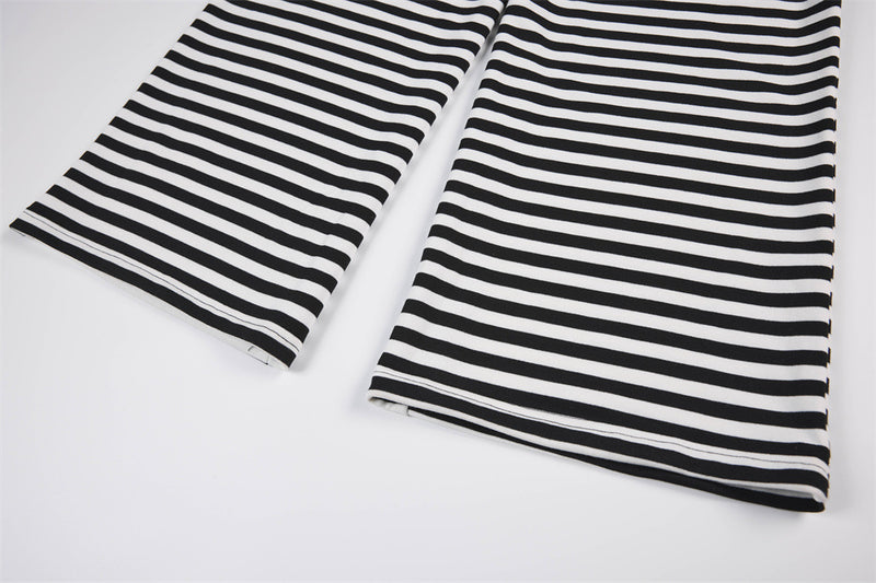 Black & White Striped Wide-Leg Pants with Drawstring Waist