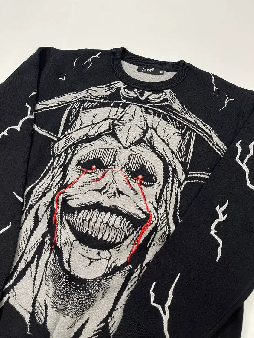 Dark Anime Demon Skull Lightning Jacquard Knit Sweater in Black