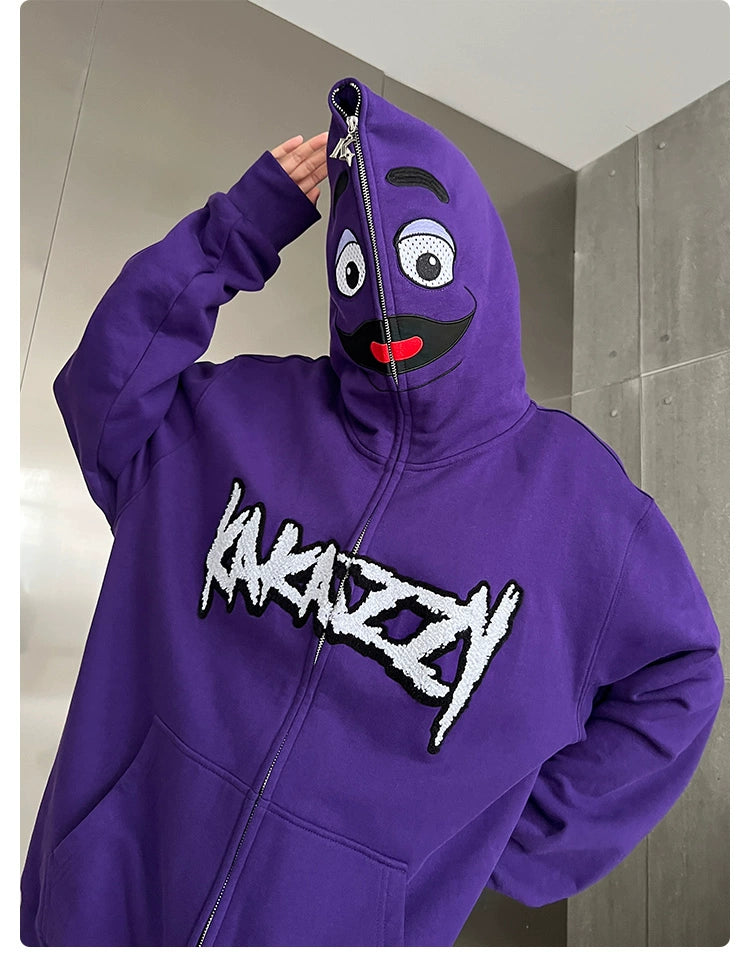 Fun Cartoon Face Hoodie - 400GSM Oversized Purple Zip-Up Streetwear Sweatshirt