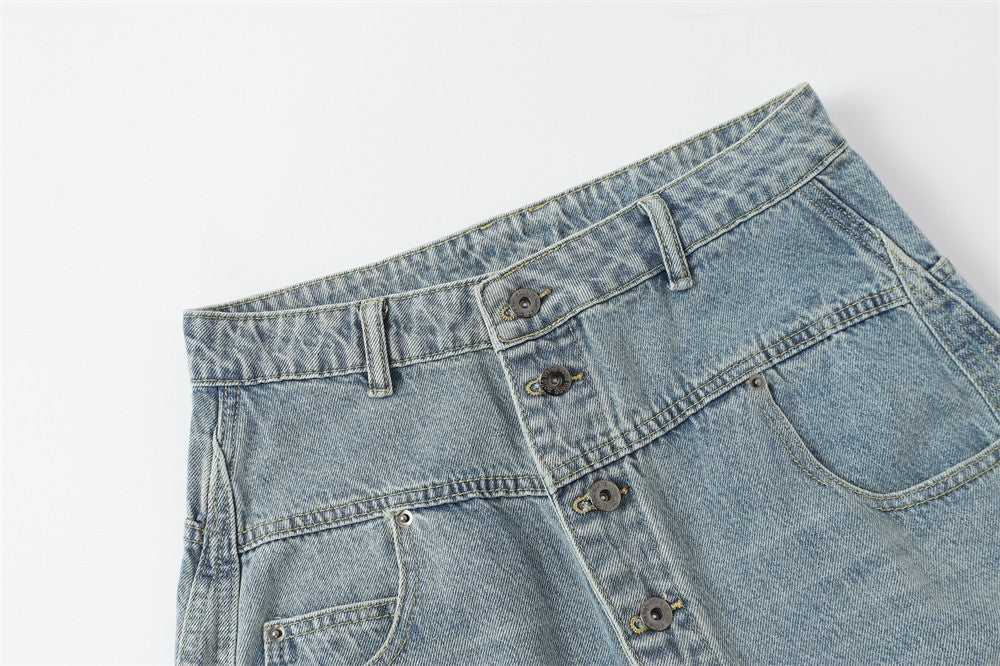 Men's Wide Leg Barrel Jeans – Diagonal Button Fly, Vintage Washed Denim