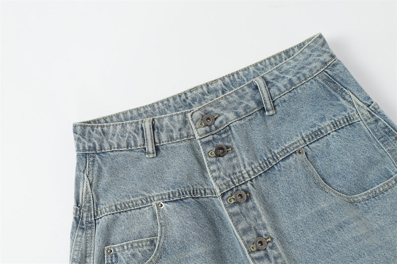 Men's Wide Leg Barrel Jeans – Diagonal Button Fly, Vintage Washed Denim