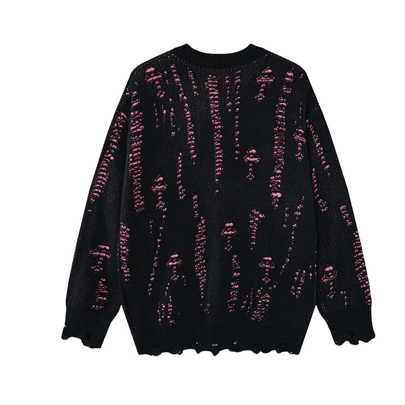 Distressed-Jacquard-Strickpullover mit Rundhalsausschnitt – Oversize-Streetwear
