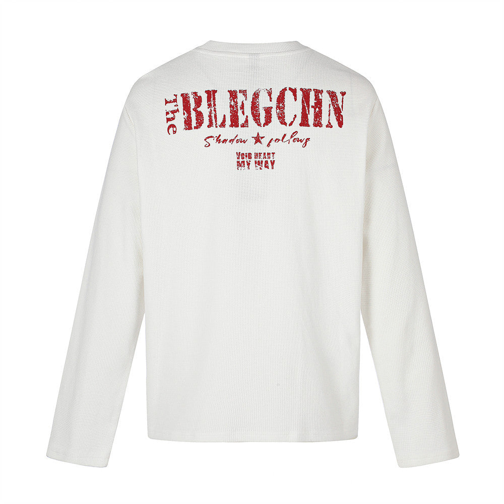 Long Sleeve Waffle Knit Graphic Tee – US & UK Flag Rock Print