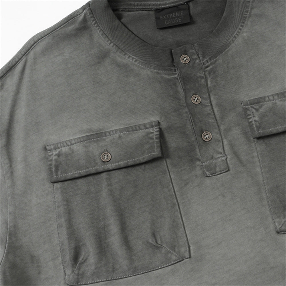 Acid Wash Oversized Henley T-Shirt with Dual Chest Pockets