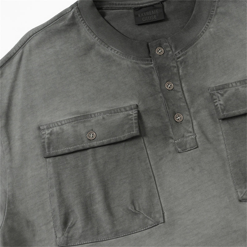 Acid Wash Oversized Henley T-Shirt with Dual Chest Pockets