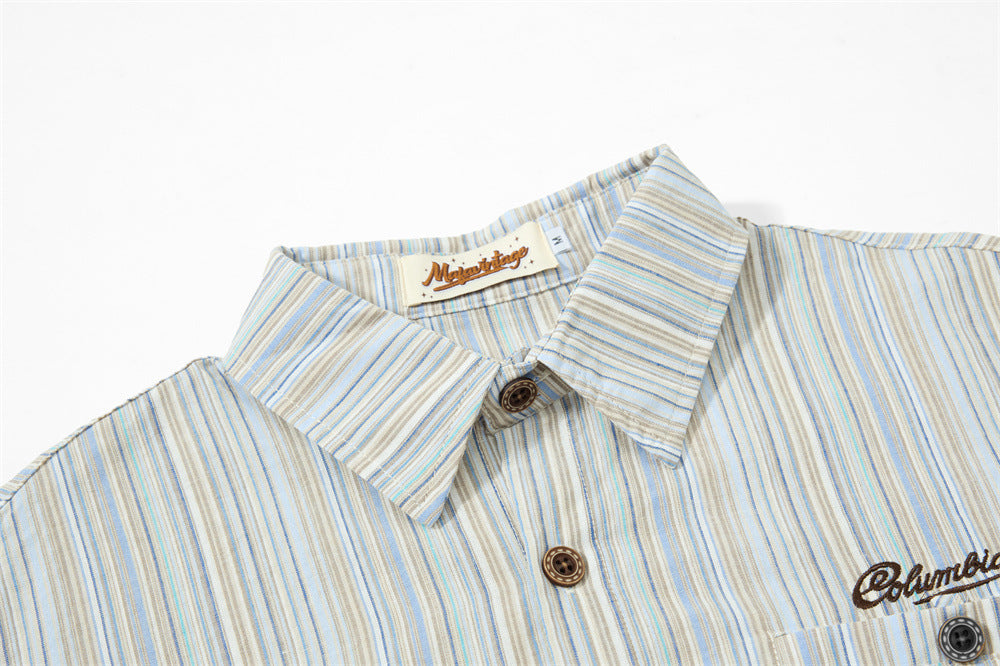 Close-up of striped collar and chest embroidery on a button-up shirt