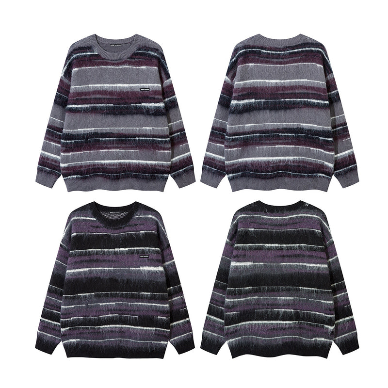 Striped Fuzzy Knit Crew Neck Sweater – Relaxed Fit Mohair-Style Pullover
