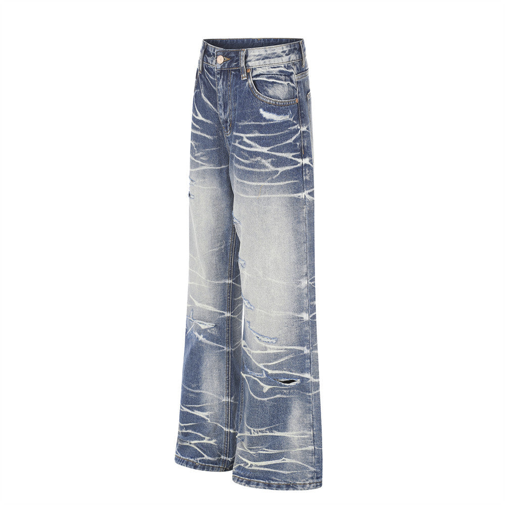 Wide-Leg Distressed Jeans – Lightning Wash Vintage Blue Straight-Fit Denim