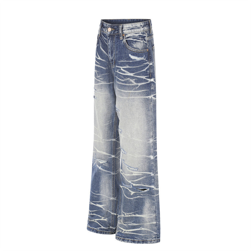 Wide-Leg Distressed Jeans – Lightning Wash Vintage Blue Straight-Fit Denim
